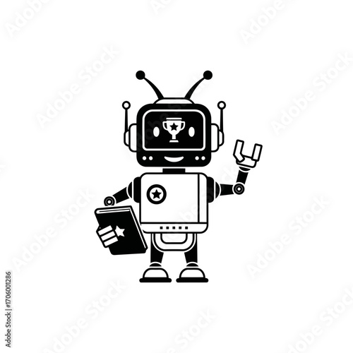 Retro robot vector illustration with antennae holding a device