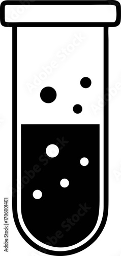 Minimalist black and white vector icon of a laboratory test tube with bubbling liquid, representing chemical reactions for science