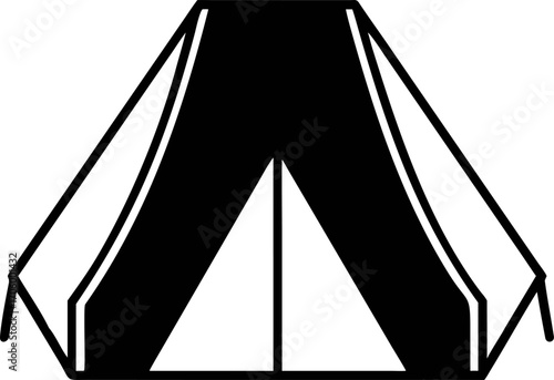 Minimalist black and white vector illustration of a classic outdoor camping tent, symbolizing adventure, nature exploration, and temporary shelter