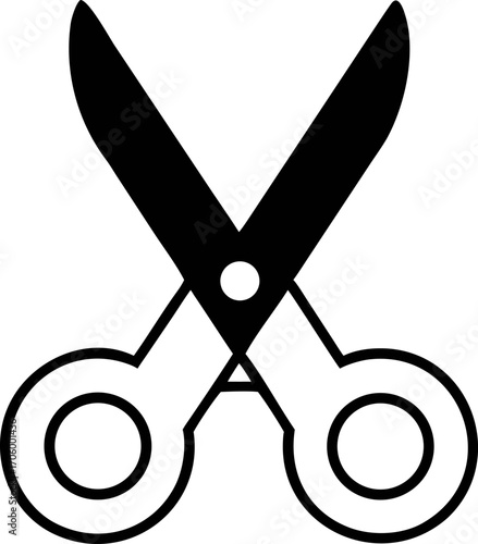 A simple vector illustration of open scissors in a black silhouette style. An isolated graphic icon representing a cutting tool for crafts