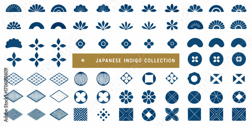 Collection of japanese indigo blue traditional patterns and symbols on white background