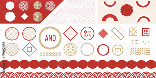 Collection of japanese inspired graphic elements and patterns in red and gold tones