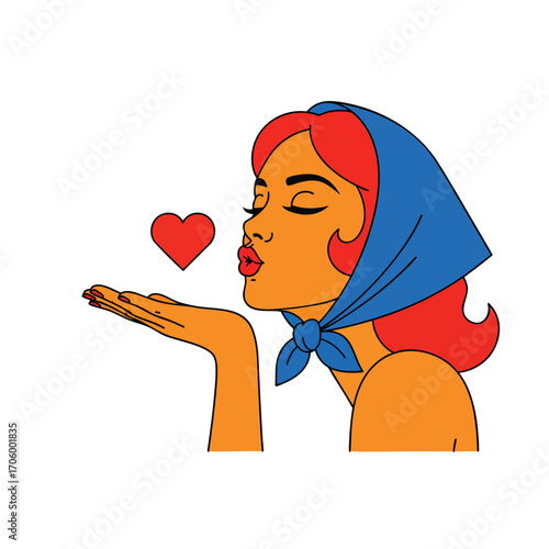 Pop art style illustration of a woman with red hair and a blue headscarf blowing a kiss.