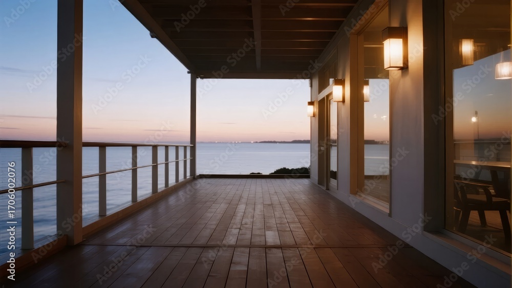Obraz premium Wooden veranda overlooking the ocean at sunset with warm interior lighting