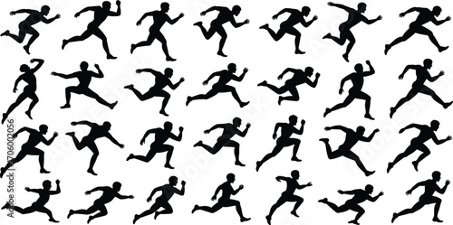 Flat vector illustration of dynamic running man silhouettes, athletic motion poses, sprinting figures, fitness and sport action icons, human movement design elements