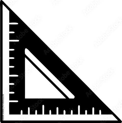 Black and white image of a right triangle ruler, a geometric tool, a staple in architecture, geometry, and engineering, essential for drawing