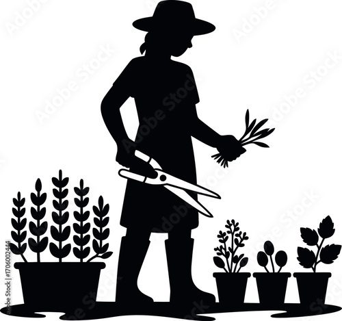 Gardener silhouette with shears in a garden setting