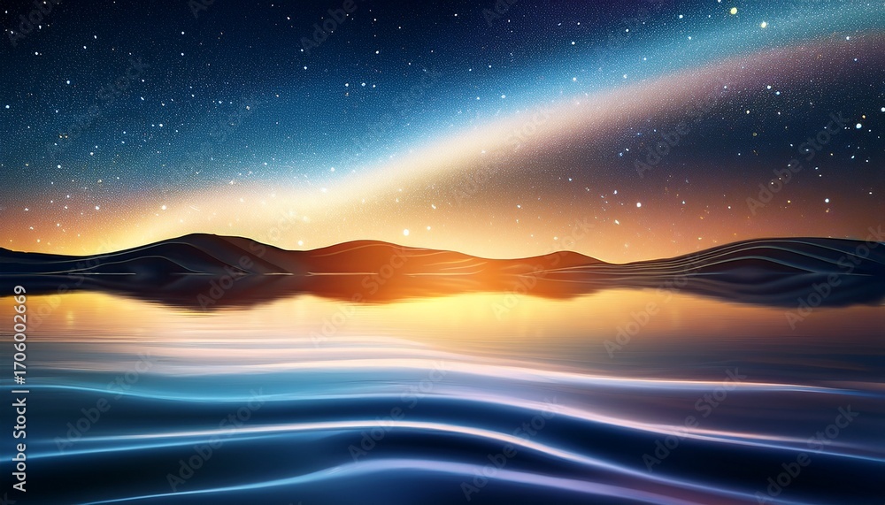 Obraz premium Abstract Landscape With Glowing Waves And Starry Sky Reflection On Water