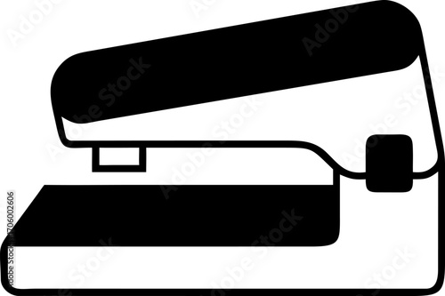 Black and white silhouette of a standard office stapler on a white background, a simple, clean illustration of office supplies