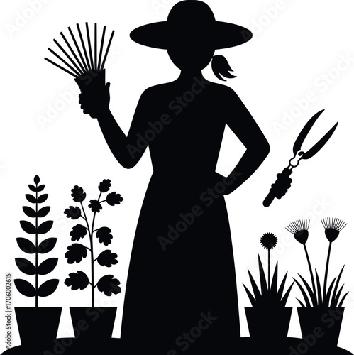 Silhouette of a gardener holding shears with herbs