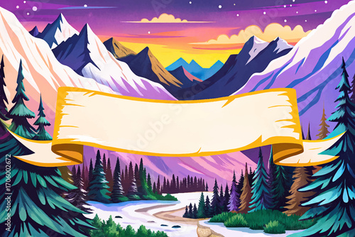 white banner in snowy mountain valley, natural wilderness background, dramatic horizon, empty advertising mockup, scenic outdoor landscape, rustic creative surface, minimal solitude design, unique