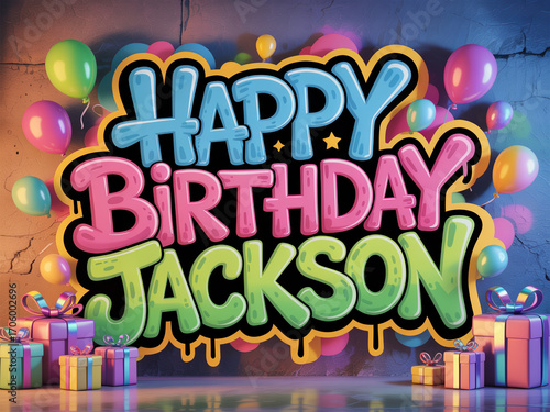 Colorful Happy Birthday Jackson poster with balloons and gifts. Festive party decoration background