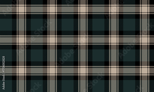 Seamless vector plaid pattern, green, black, beige, for textile design, clothing, skirts, pants, shirts, adding a simple yet stylish charm to every fashion collection.