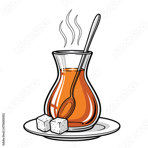 Steaming hot Turkish tea in a traditional armudu glass with a spoon and sugar cubes on a saucer.