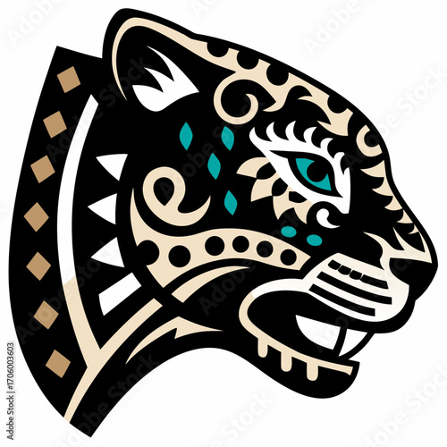 Stylized Jaguar Head Design Featuring Ornamental Patterns and Mesoamerican Inspired Artistry