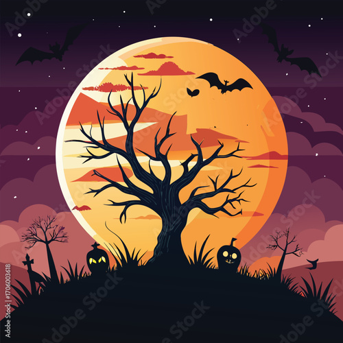 Nighttime halloween scene with bare tree silhouette