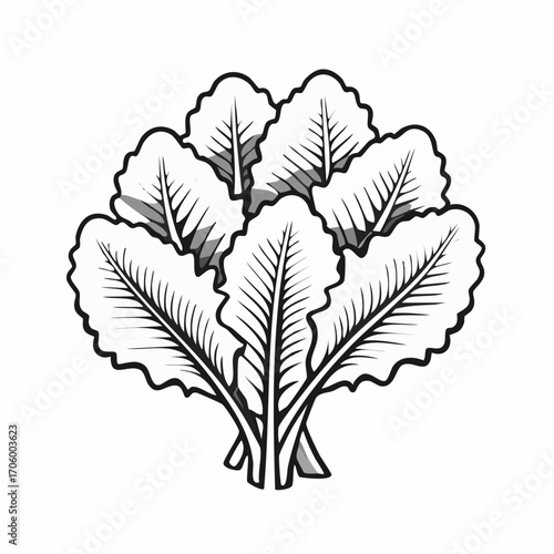 Stylized black and white illustration of a wholesome bunch of leafy greens, ideal for organic food branding, healthy lifestyle content, and fresh produce promotions