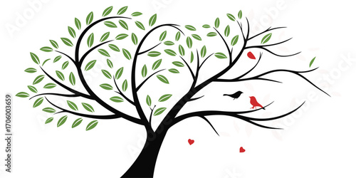 Stylized Tree with Birds and Hearts A Whimsical and Minimalist Illustration of Nature and Love with Artistic Flair