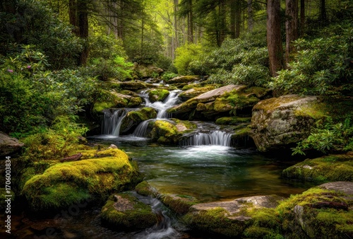 Serene stream flows over moss-covered rocks in a lush, green forest. Clear water cascades, creating a tranquil and peaceful natural scene
