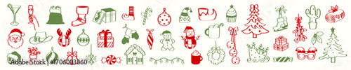 Whimsical Christmas doodles set. Hand drawn holiday icons. Festive illustrations of Santa, gifts, trees, food, drinks, and decorations. Vector clipart for party invitations, greeting cards, stickers.