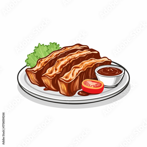 Delicious cooked meat strips served with a fresh tomato slice and lettuce on a white plate, accompanied by a dipping sauce