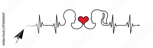 Abstract paper origami airplane, ekg shape route, man woman head, red heart vector. Creative medical science valentines design to use for cardiology, healthcare business, love concept projects.