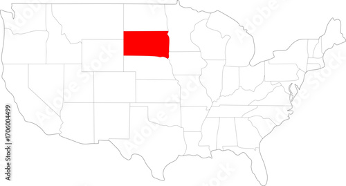 Outlined United States map with South Dakota highlighted in vibrant red coloring