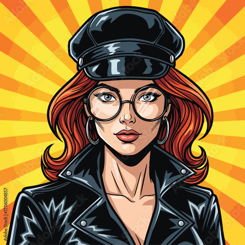 Stylish pop art portrait of a woman with red hair glasses and a black leather biker cap and jacket.