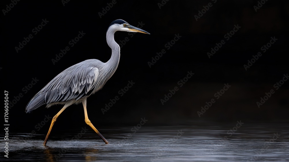 Naklejka premium Elegant Heron Walking Gracefully Through Calm Water at Dusk