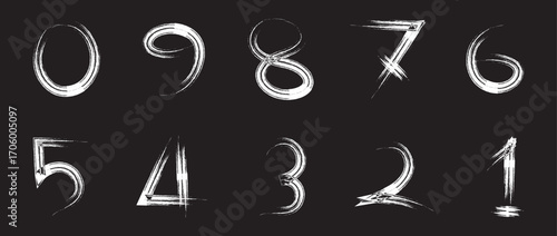 Ink digits.  numbers painted with paintbrush on window. Japanese Calligraphy SHODO number. Set of numbers from 0 to 9 designed with bold brush strokes

