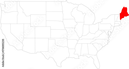 Illustration of the united states of america map highlighting maine in red tones