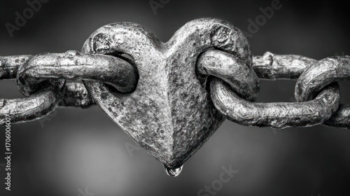 A close-up, grayscale image features a metal heart-shaped object connecting two chain links. A single drop hangs from the point of the heart