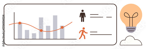 Line and bar graph, user and activity icons, glowing lightbulb, cloud. Ideal for data analysis, research, business, teamwork innovation creativity strategy concepts. Simple flat metaphor
