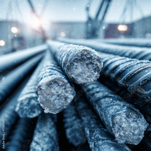 Steel reinforcement bar frozen in ice on a winter construction site. Cold industrial detail symbolizing challenges of building in frost