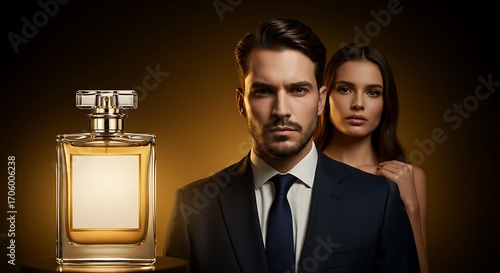 A perfume bottle with a man and woman in the background