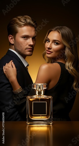 Couple posing with a perfume bottle