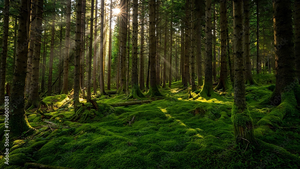 Fototapeta premium Sunlight filtering through a dense forest with mossy ground