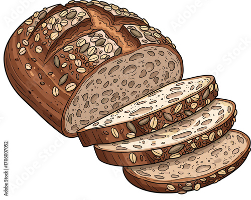 Detailed Whole Grain Bread Loaf and Slices Vector Set 2
