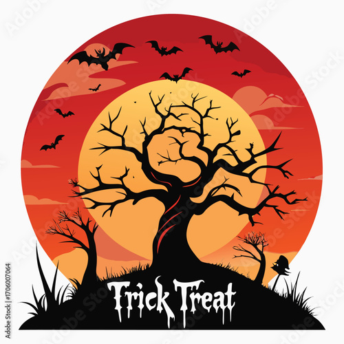 Spooky halloween night scene with a large full moon and eerie atmosphere