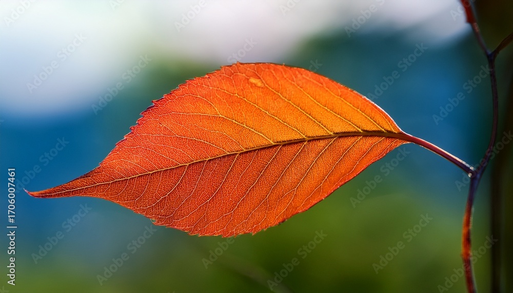 Obraz premium A Close Up Of A Single Leaf With A Blurred Background Featuring Vibrant Orange And Red Hues Against A Blue Green Backdrop