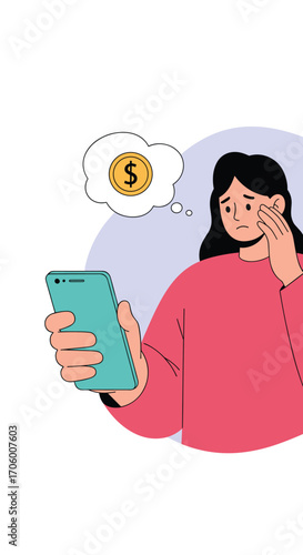 A woman worries about her finances while looking at her phone.