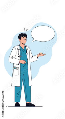 A male doctor in a white coat and blue scrubs is speaking with a speech bubble above his head.