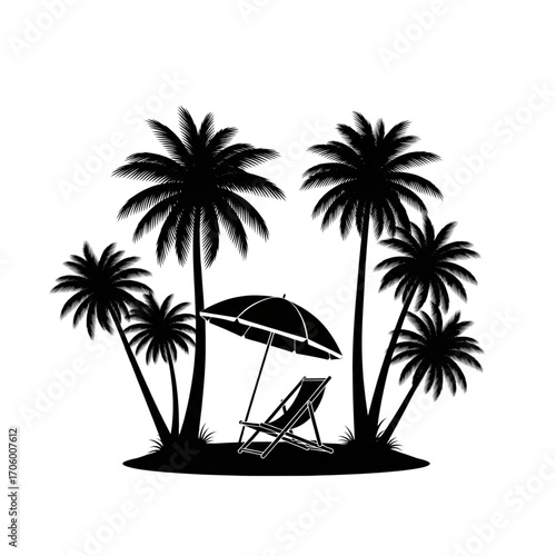 Black silhouette of tropical palm trees, beach umbrella, and lounge chair on a sandy island. Summer vacation travel vector art graphic.