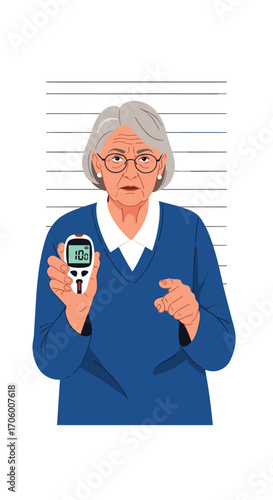 An elderly woman demonstrates a glucose meter for blood sugar testing.