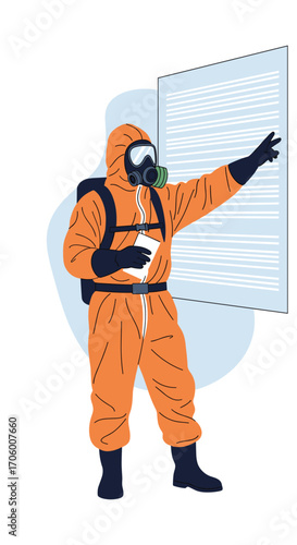A person in a hazmat suit pointing to a large screen.