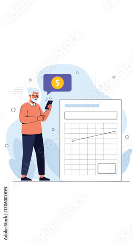 Elderly person managing finances on a smartphone next to a financial graph.