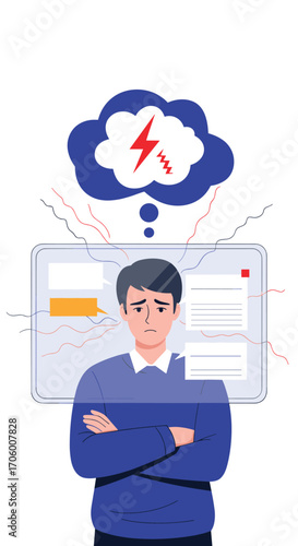 An anxious person with a storm cloud over their head thinking about difficult tasks and stressful situations.