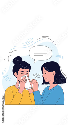 A person offers comfort and a tissue to someone who is crying or has a runny nose.