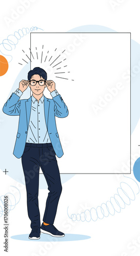 A man wearing glasses adjusting them while standing in an abstract space.