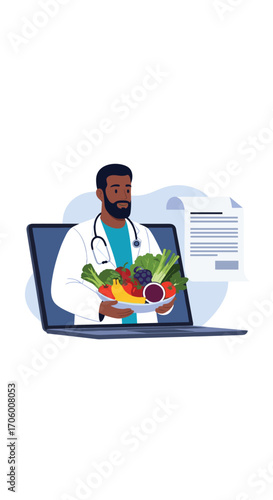 Online nutrition consultation with a healthcare professional offering healthy food choices.